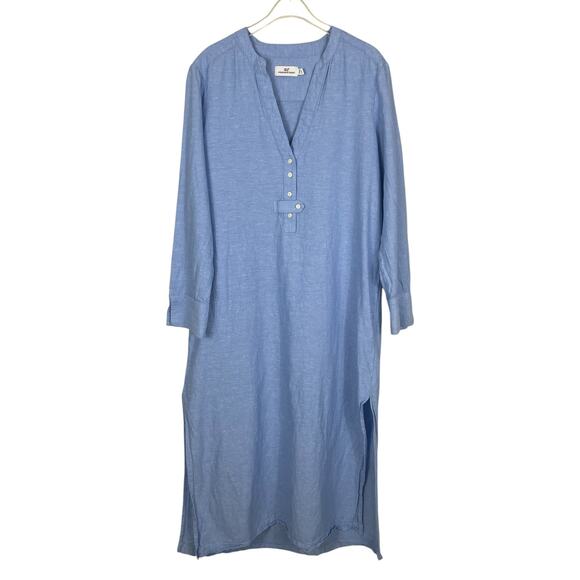 Vineyard Vines Linen Blend Button Front Midi Cover-Up Dress Blue Size Medium - Picture 2 of 12